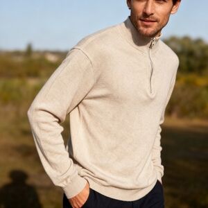 ONLY & SONS Men's Quarter Zip Sweater Size L Beige Lightweight Knit Pullover